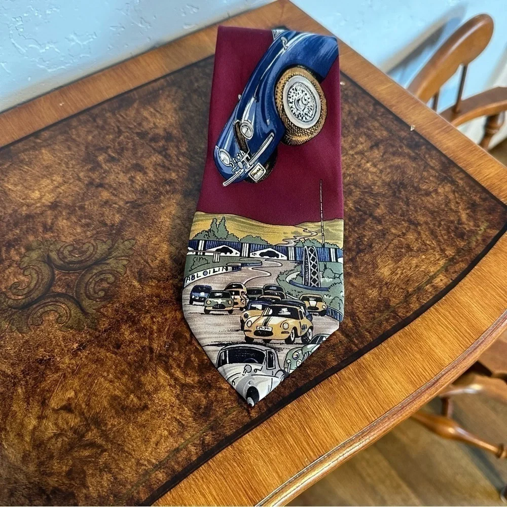 Robert Talbott Tie Jaguar Car Burgandy & Blue Silk Hand Sewn in USA 56” x 3.75”